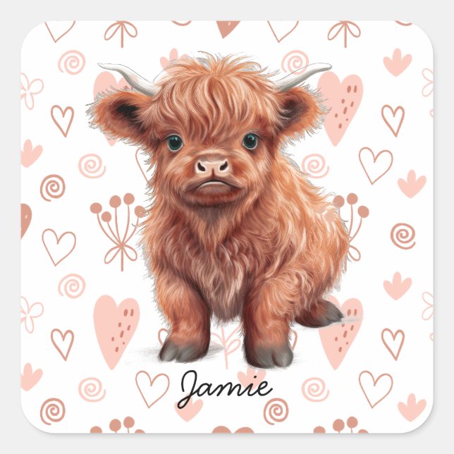 Baby Highland Cow Custom Name  Square Sticker (Front)