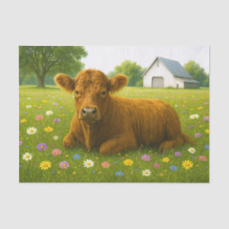 Baby Highland Cow in Pasture of Flowers Tissue Paper