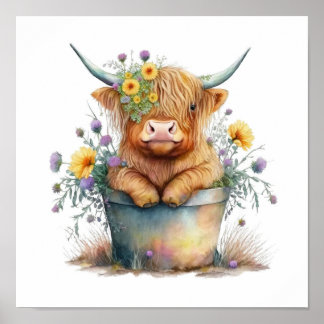 baby highland cow poster
