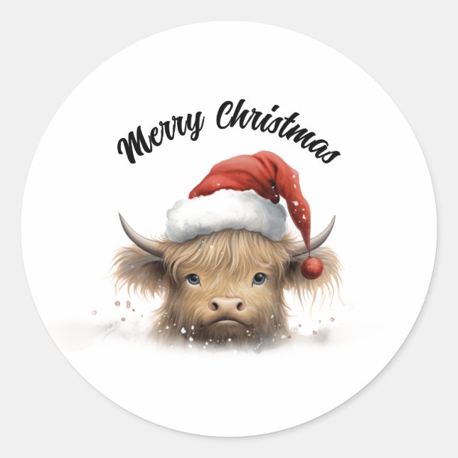 Baby Highland Cow Santa Hat  Classic Round Sticker (Front)
