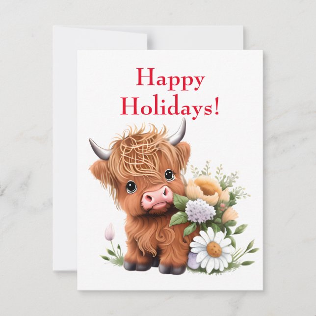 Baby Highland Cow with Daisies Holiday Card (Front)
