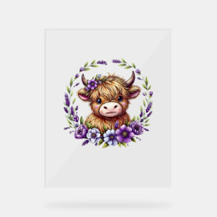 Baby Highland Cow With Purple Flowers Scottish Far Acrylic Sign
