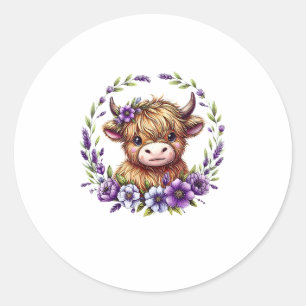 Baby Highland Cow With Purple Flowers Scottish Far Classic Round Sticker