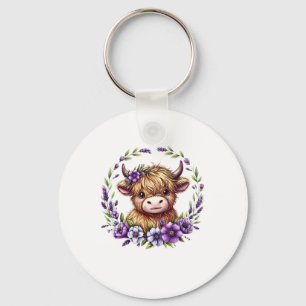 Baby Highland Cow With Purple Flowers Scottish Far Key Ring