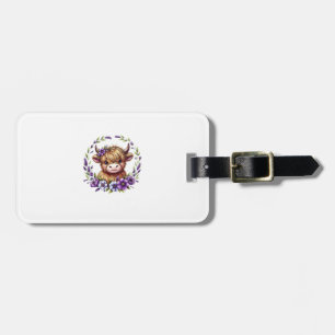 Baby Highland Cow With Purple Flowers Scottish Far Luggage Tag
