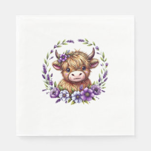 Baby Highland Cow With Purple Flowers Scottish Far Napkin