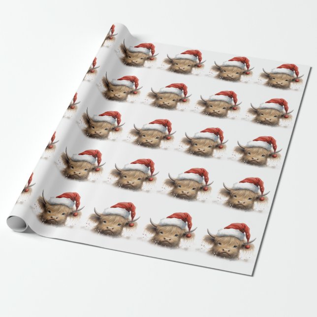 Baby Highland Cow with Santa hat Wrapping Paper (Unrolled)