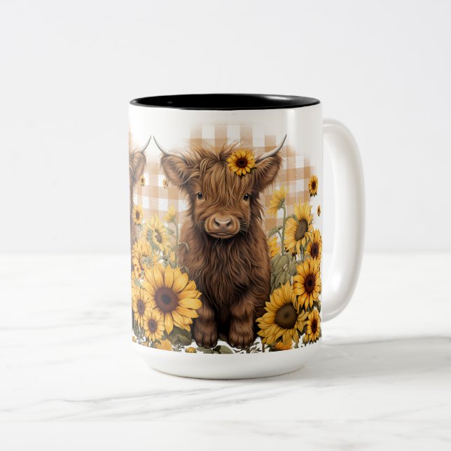 Baby Highland Cows in Sunflowers Ceramic Mug (Front Right)