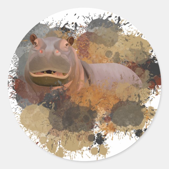 Baby Hippo Abstract Paint Splatter Wildlife Classic Round Sticker (Front)