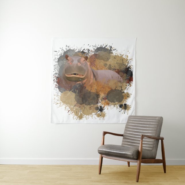 Baby Hippo Abstract Paint Splatter Wildlife Tapestry (In Situ)