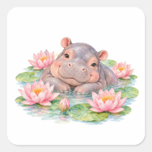 Baby Hippo Among Water Lilies Square Sticker