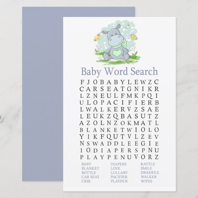 Baby Hippo Baby Shower Word Search Game (Front/Back)