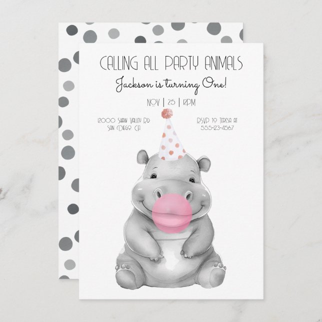 Baby hippo black and white Birthday Invitation (Front/Back)
