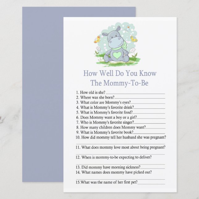 Baby Hippo How well do you know baby shower game (Front/Back)