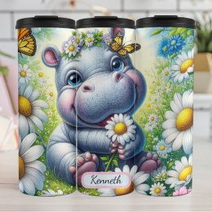 Baby Hippo in Flower Meadow with Butterflies Thermal Tumbler