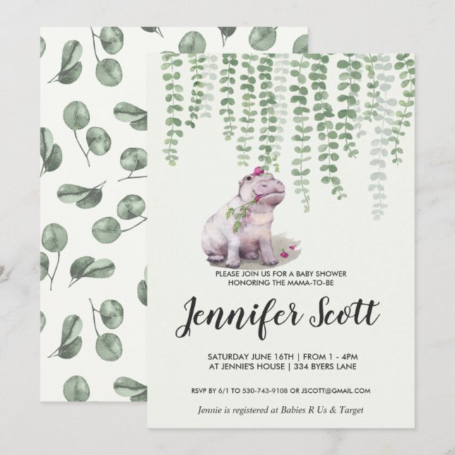 Baby Hippo Jungle Baby Shower Invitation (Front/Back)