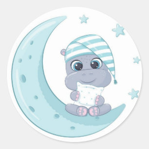 Baby Hippo Over The Moon  Classic Round Sticker