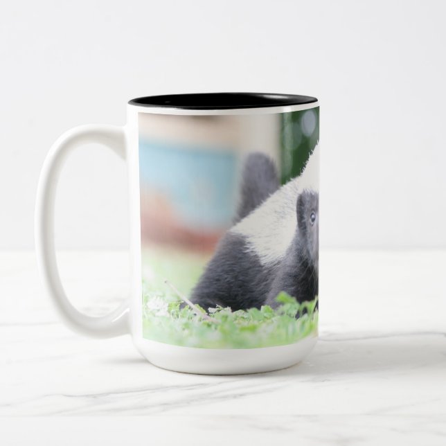 Baby honey badger on green grass photograph Two-Tone coffee mug (Left)