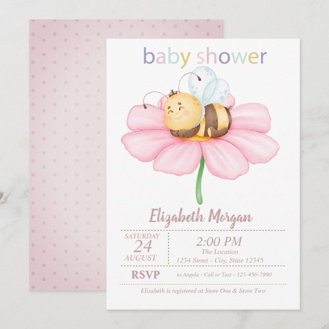 Baby Honey Bee Flower Dots Baby Shower  Invitation (Front/Back)