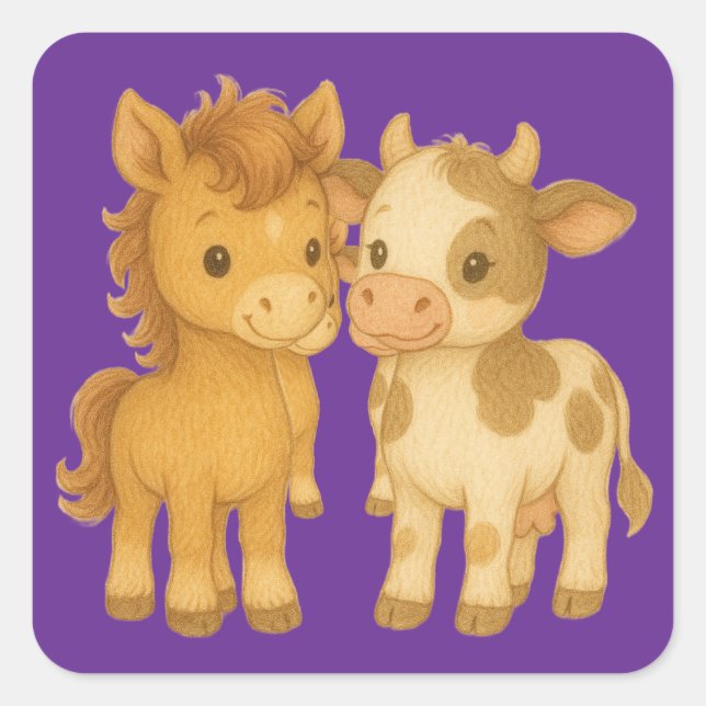 Baby Horse and Baby Cow Square Sticker (Front)