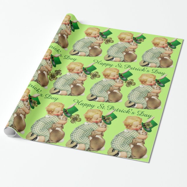 BABY HUGGING RABBIT IRISH ST. PATRICK'S DAY PARTY WRAPPING PAPER (Unrolled)