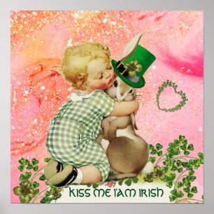 BABY HUGGING RABBIT St.Patrick's Day,Pink Floral Poster