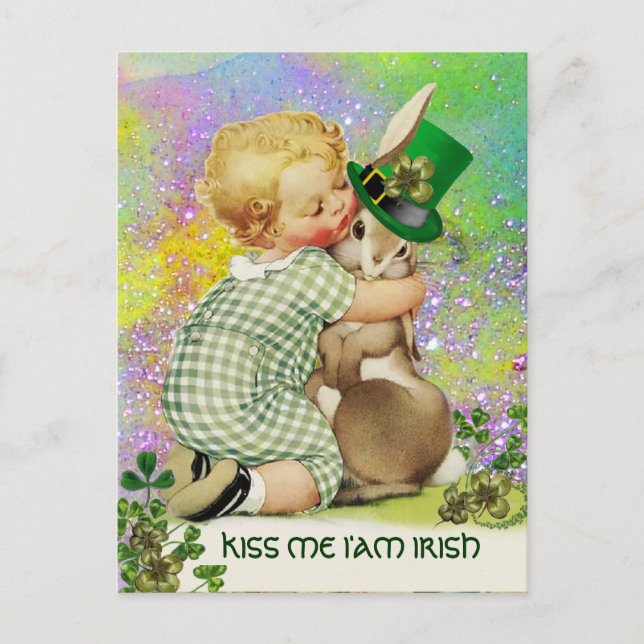 BABY HUGGING RABBIT St. Patrick's Day Shamrocks Postcard (Front)