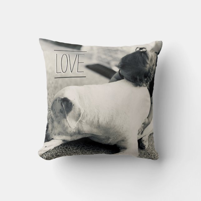 baby hugs dog pitbull love simple black white cushion (Front)
