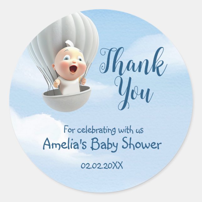 Baby in a Hot Air Baloon | Baby Shower Classic Round Sticker (Front)