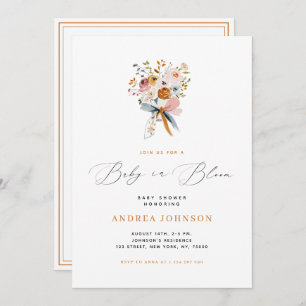 Baby In Bloom Autumn Floral with a Bow Baby Shower Invitation
