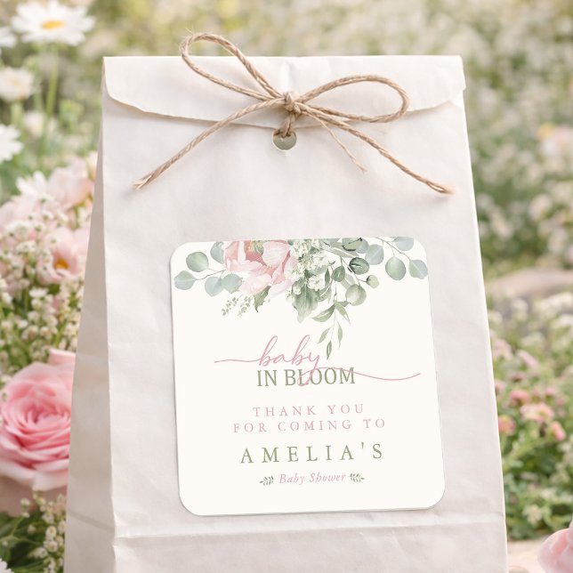 Baby in Bloom Baby Girl Shower Thank You Square Sticker (Baby in Bloom Baby Girl Shower Thank You Square Sticker)