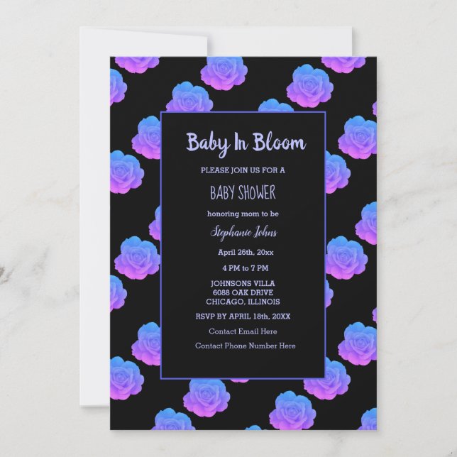 Baby In Bloom Baby Shower Blue Purple Pink Black Invitation (Front)