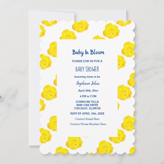 Baby In Bloom Baby Shower Blue Yellow Roses Floral Invitation (Front)