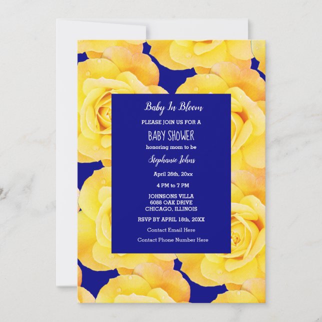 Baby In Bloom Baby Shower Golden Yellow Roses Blue Invitation (Front)