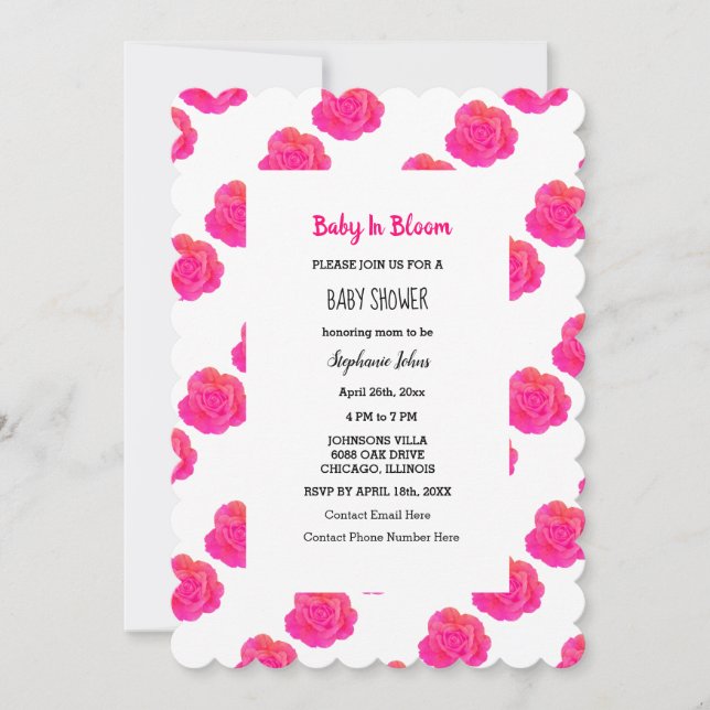 Baby In Bloom Baby Shower Pink Floral Roses Custom Invitation (Front)