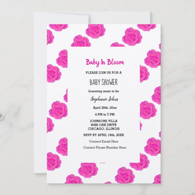 Baby In Bloom Baby Shower Pink Floral Roses Silver Invitation (Front)
