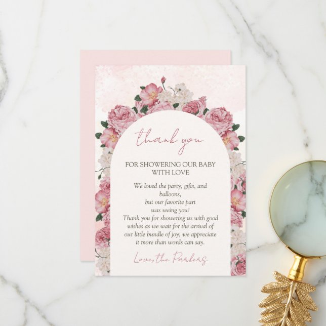 Baby in Bloom Baby Shower Pink Floral Thank You Card (Front/Back In Situ)