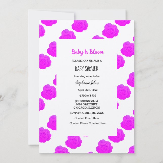 Baby In Bloom Baby Shower Pink Purple Roses Silver Invitation (Front)