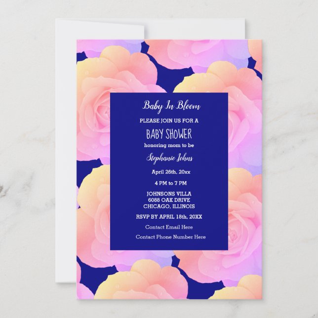 Baby In Bloom Baby Shower Pink Rose Floral Blue Invitation (Front)