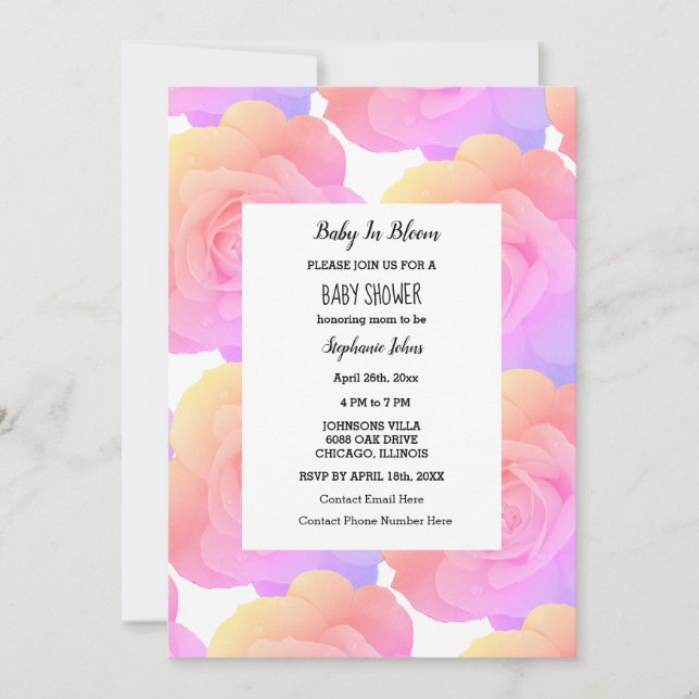 Baby In Bloom Baby Shower Pink Rose Floral Custom Invitation (Front)