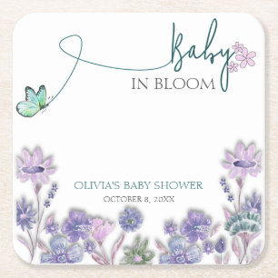 Baby In Bloom Baby Shower Purple Floral  Square Paper Coaster