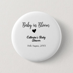 Baby in bloom baby shower simple black heart date 6 cm round badge