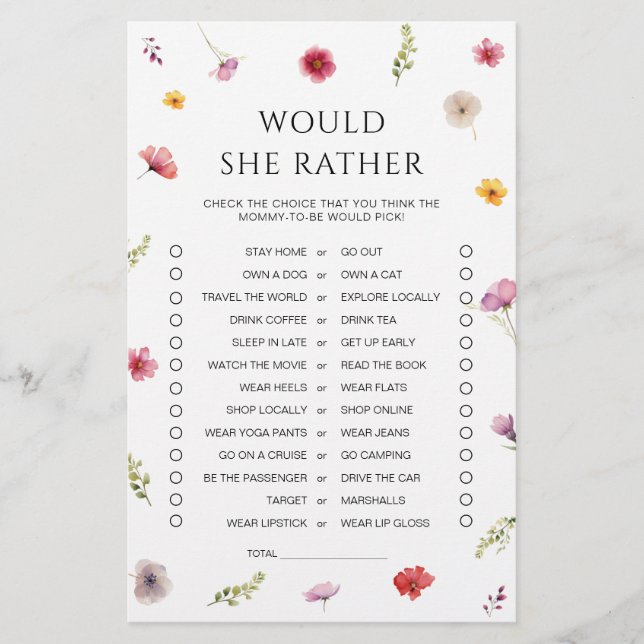 Baby in Bloom Baby Shower Would She Rather Game (Front)