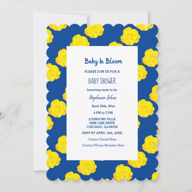 Baby In Bloom Baby Shower Yellow Navy Blue Floral Invitation (Front)