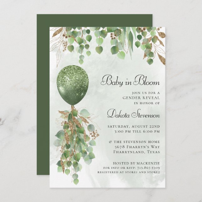 Baby In Bloom | Balloon and Eucalyptus Baby Shower Invitation (Front/Back)