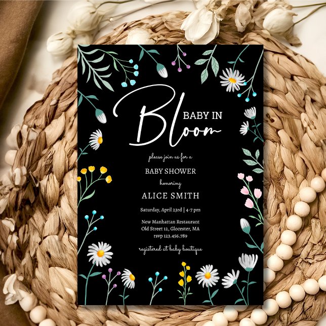 Baby in bloom black daisy Baby shower Invitation (Creator Uploaded)
