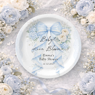 Baby in Bloom Blue Bow Baby Shower Paper Plate