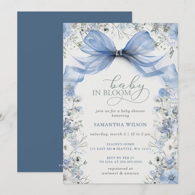 Baby in Bloom Blue Bow Floral Boy Baby Shower Invitation (Front/Back)