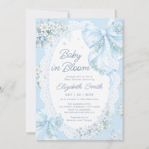 Baby in Bloom Blue Bow Floral Boy Baby Shower Invitation
