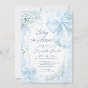 Baby in Bloom Blue Bow Floral Lace Baby Shower Invitation
